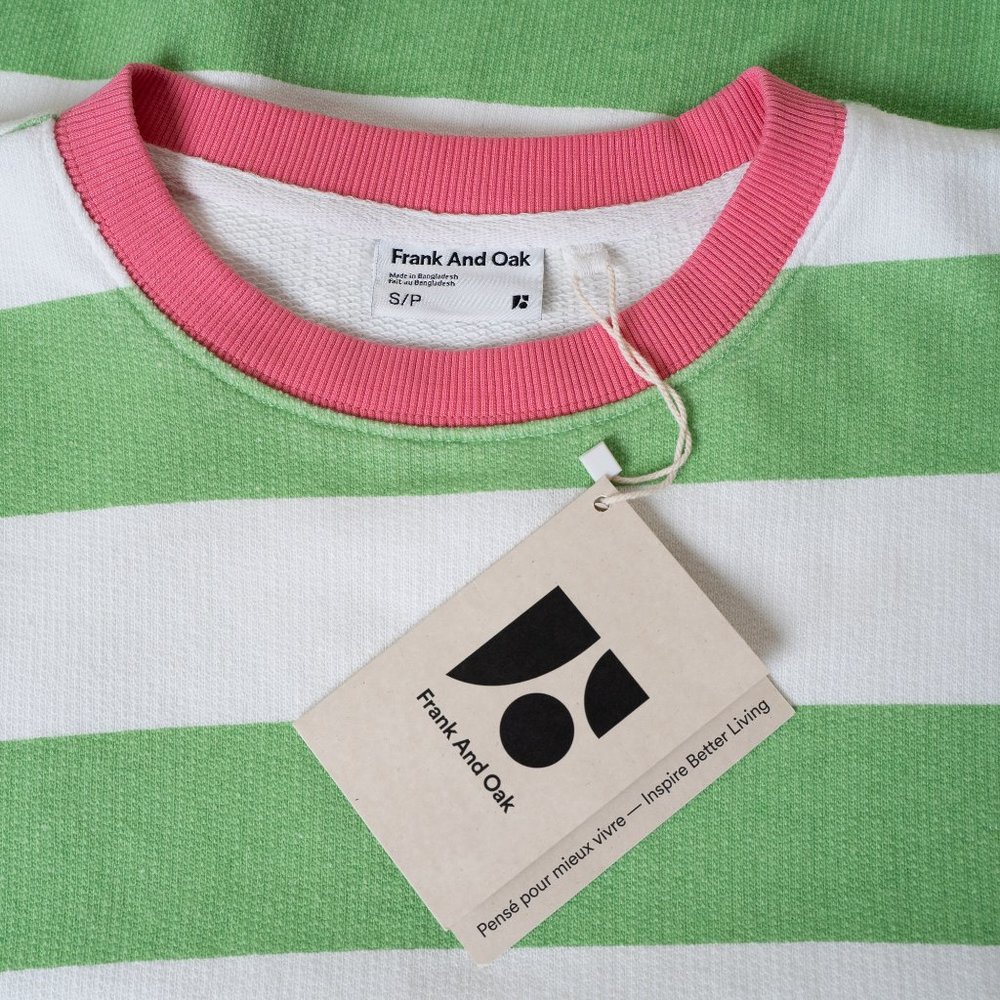 Frank & Oak White and Light Green Striped Sweatshirt with Pink Neckline - Picture 3 of 7